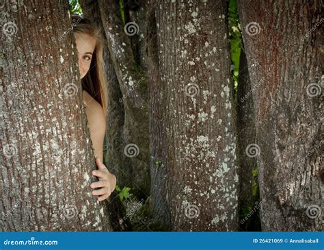Girl Hiding Behind A Tree Stock Image Image Of Young 26421069