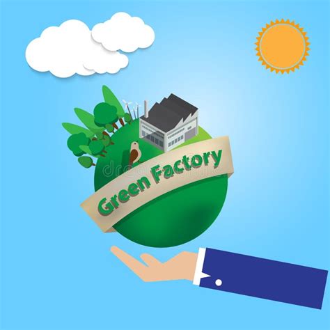 Business Man Hand Hold The Green World And Factory Safe Stock Vector