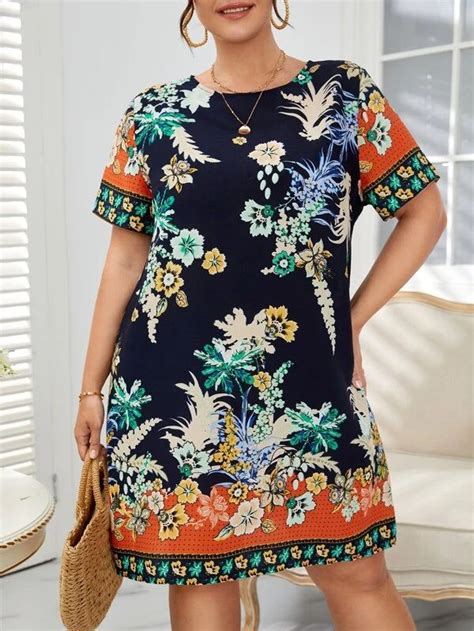SHEIN Plus Floral Print Tunic Dress SHEIN USA Floral Print Tunic