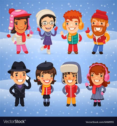 Cartoon Characters In Winter Clothes Royalty Free Vector