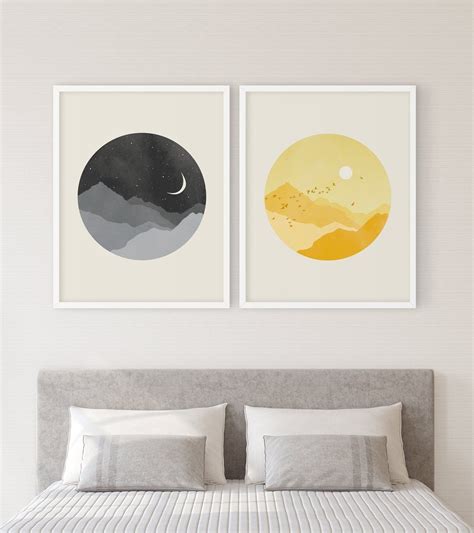 Sun And Moon Wall Art Set Of 2 Prints Yellow And Grey Moon Wall