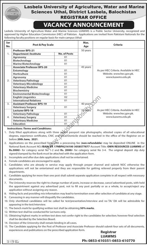 Lasbela University Of Agriculture Water & Marine Science Jobs May 2021