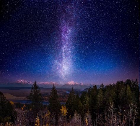 Nature Mountain Forest Snowy Peak Milky Way Space