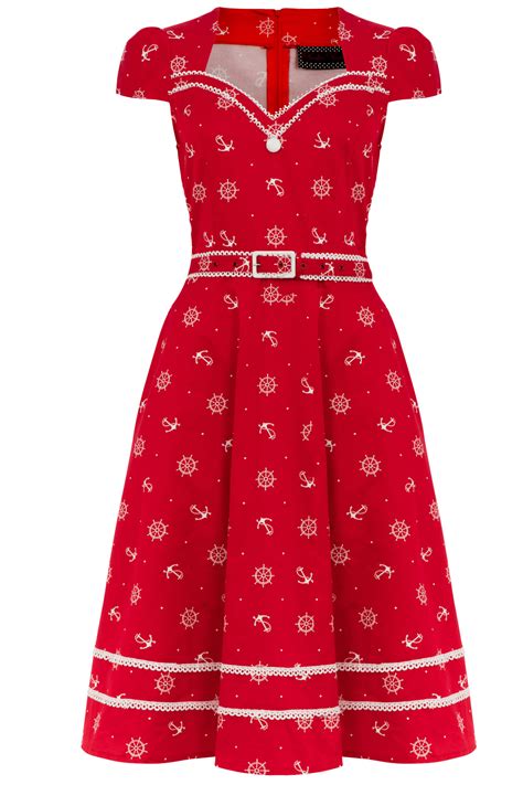 Voodoo Vixen Red Gwyneth Sailor Swing Dress Red 1950s Flared Dress