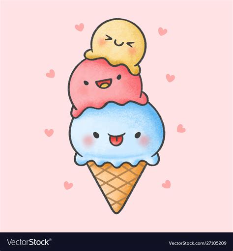 Cute Ice Cream Dessert Cartoon Hand Drawn Style Vector Image