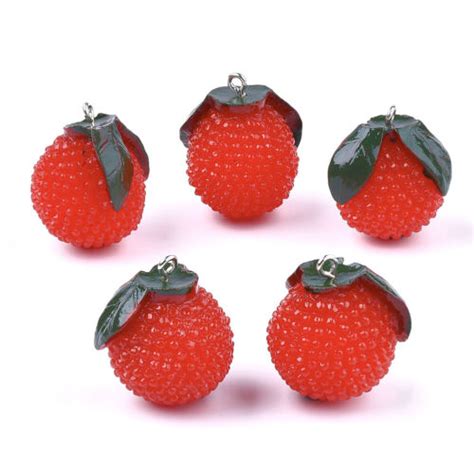 100pcs Red Resin Fruit Waxberry Pendants With Iron Tone Mini Cute