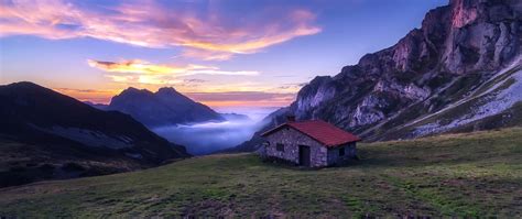 2560x1080 House In The Mountains Sunlight Nature Landscape 2560x1080