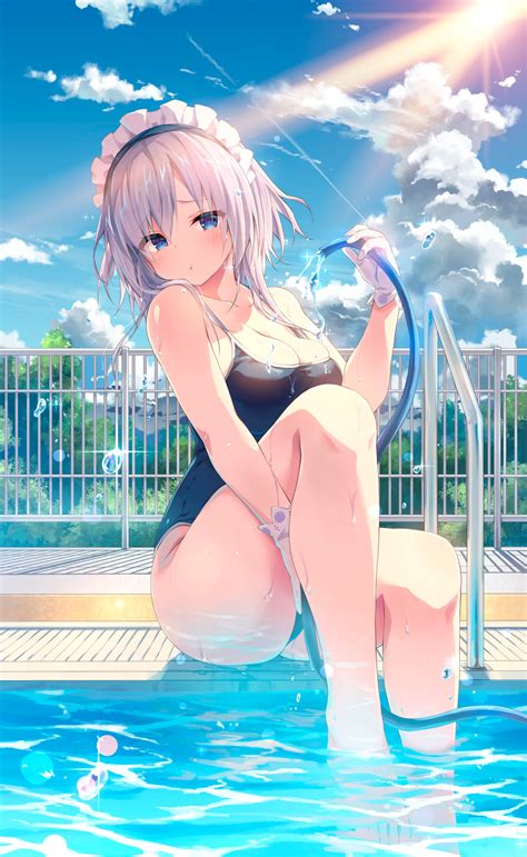 konomi blue eyes anime anime girls wet swimming pool swimwear maid pouting silver hair