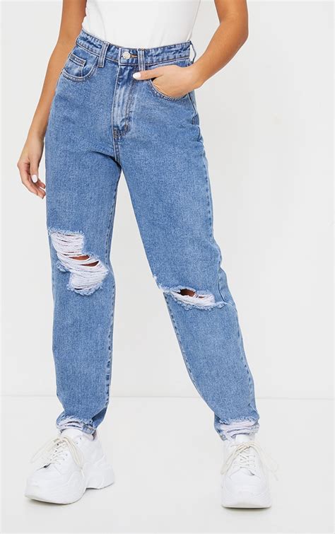 Plt Petite Mid Blue Wash Extreme Ripped Jeans Prettylittlething