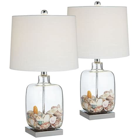 360 Lighting Coastal Accent Table Lamps Set Of 2 Clear Glass Fillable Sea Shells White Drum