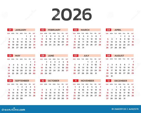 Calendário 2026 Ano Conjunto De Ilustrações Vetoriais De 12 Semanas De