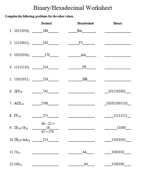 Worksheet Binary And Hexadecimal Numbers