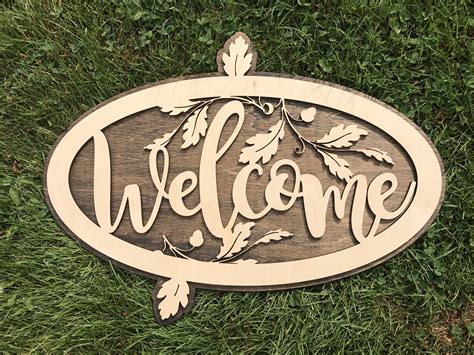 Welcome Laser Cut Wooden Sign Fall Decor Acorn And Oak