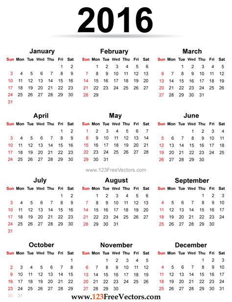 A Calendar For The Year 2016 With Red Numbers On White Background Stock