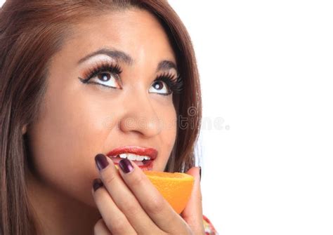 Beautiful Latina Woman Eating An Orange Stock Image Image Of Hispanic