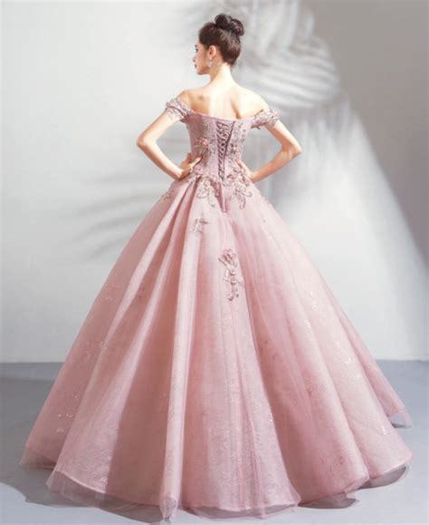 Pink Ball Gown Prom Dress Lace Flower Wedding Dress