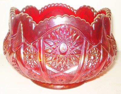 Vintage Art Deco Ruby Red Carnival Glass Bowl Iridescent Pinwheel