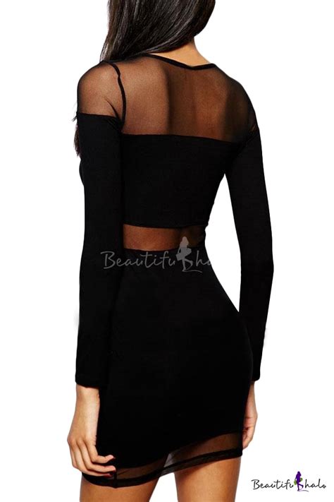 Black Sexy Sheer Mesh Panel Skinny Dress
