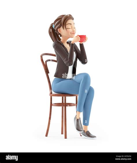 3d cartoon woman sitting on chair and smelling coffee illustration isolated on white background