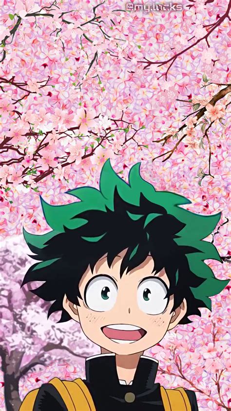 An Anime Character With Green Hair Standing In Front Of Pink Flowers