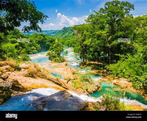 Panoramic View Of Agua Azul Waterfalls In The Lush Rainforest Of