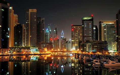 Hd Wallpaper Dubai City Night Port Boats Yachts Lights