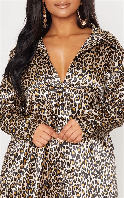 Plus Tan Leopard Print Satin Button Front Shirt Dress Prettylittlething
