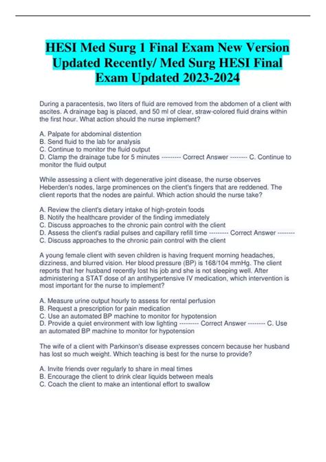 HESI Med Surg 1 Final Exam New Version Updated Recently/ Med Surg HESI