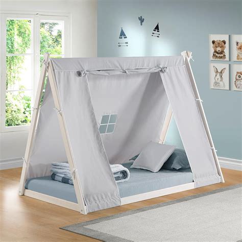P Kolino Tent Floor Bed Twin Fsc Certified Wood Washable Tent White Grey