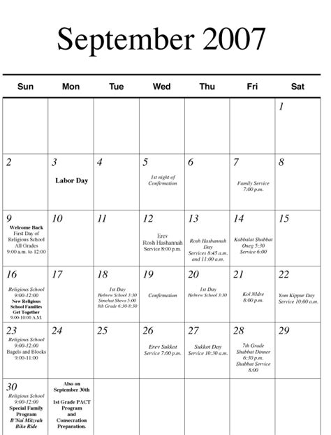 September 2007 Religious School Calendar
