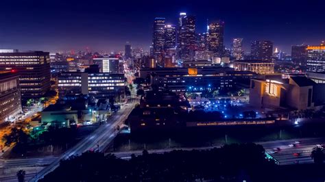 Cinematic Aerial View Of Urban Downtown Los Angeles City Skyline And