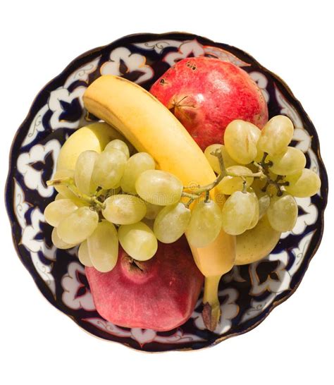 Fresh Fruits Placed On Ornamental Ceramic Plate Isolated In White Stock
