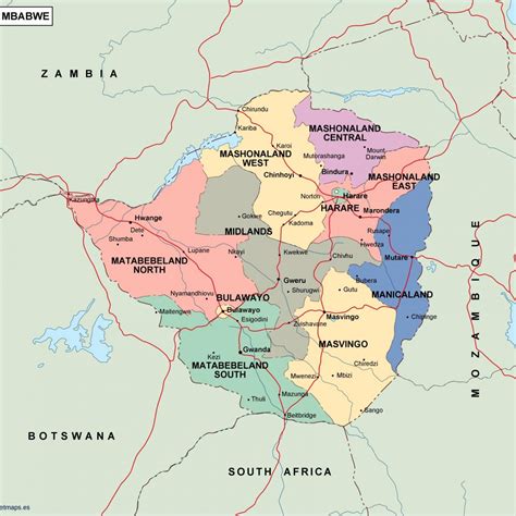 Physical map of zimbabwe showing major cities, terrain, national parks, rivers, and surrounding countries with international borders and outline maps. zimbabwe political map. Vector Eps maps. Eps Illustrator Map | Vector World Maps