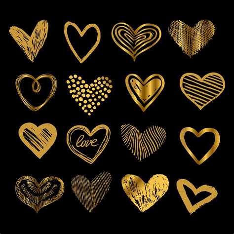 Doodle Golden Hearts Hand Drawn Love Heart Icons Vector Set By