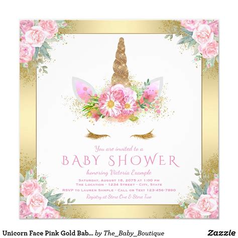 Unicorn Face Pink Gold Baby Shower Invitations Zazzle Com Gold Baby