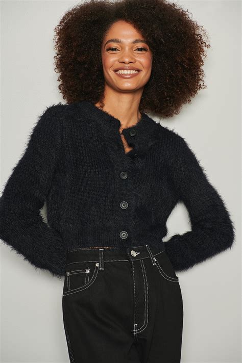 Hairy Knitted Short Cardigan Black Na