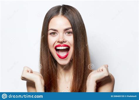 Woman Portrait Laughs Clenched Her Hands Into A Fist Attractive Look Stock Image Image Of Sign