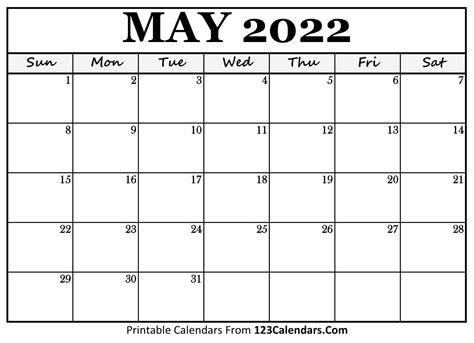 Printable May 2022 Calendar Templates