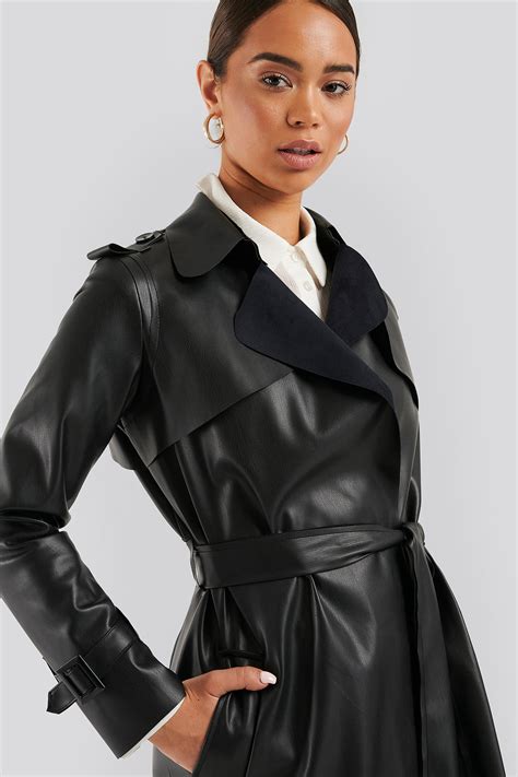 Faux Leather Trench Coat Noir Na