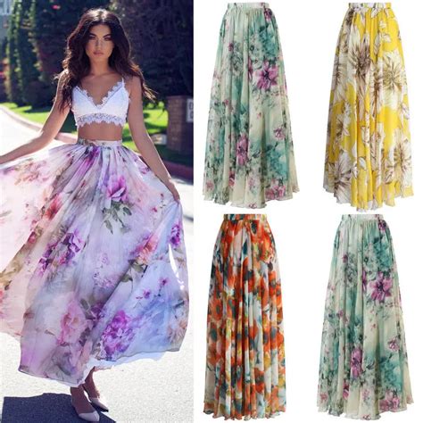 Women Floral Print Chiffon Skirt Ladies Women High Waist Floral Evening Party Long Maxi Skirt