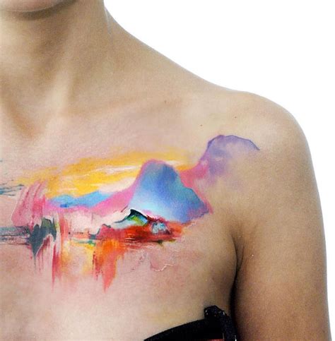 Watercolor Mountains On Girls Chest Best Tattoo Design Ideas