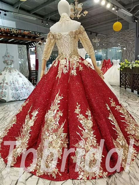 Red And Gold Prom Dress Ball Gown Bling Bridal Gown Online