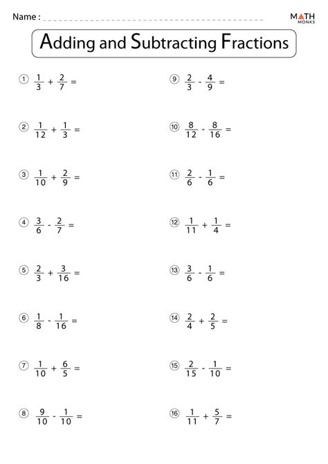 Adding And Subtracting Fractions Worksheets With Answer Key