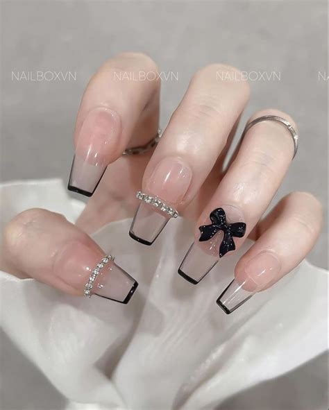 Clear Korean Jelly Nails Black Gem Charms Silver Shiny Bow Cute Nail