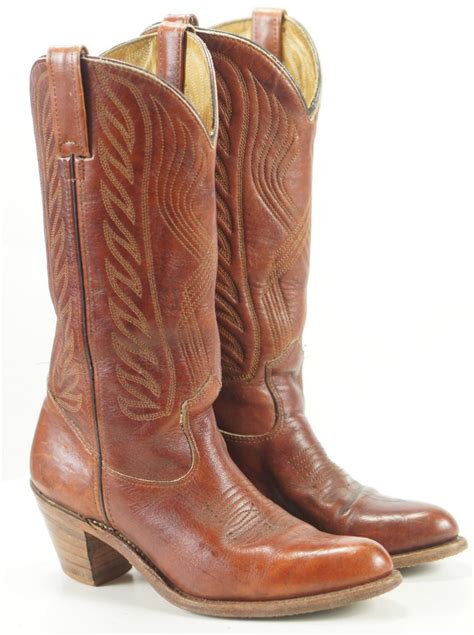 Womens Vintage Brown Leather Western Cowboy Boho Boots High Heel 75 M