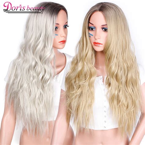 Doris Beauty Ombre Long Wavy Platinum Blonde Wig Synthetic Wigs For Women Cosplay Blond Color