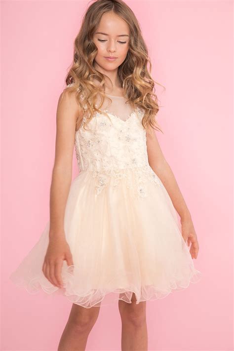 Tween Girls Short Blue Dress With Lace Illusion Bodice Kids Formal