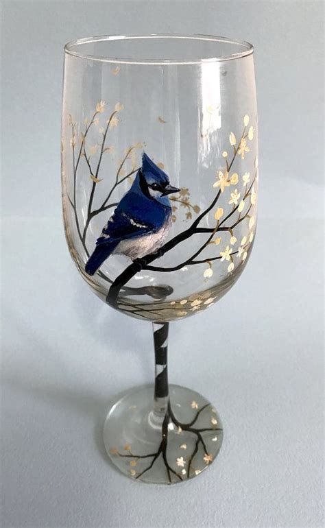 Bluejay Hand Painted Wine Glass Collectible Stylish Bird Wine Glass