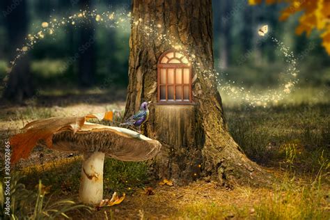 Enchanted Fairy Forest With Magical Shining Window In Hollow Tree
