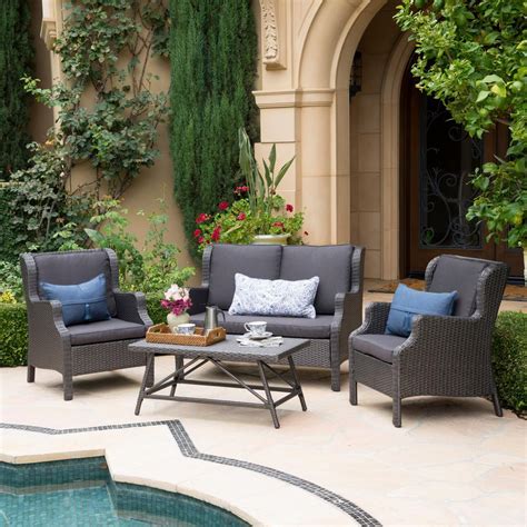 Noble House 4 Piece Wicker Patio Conversation Set With Black Cushions